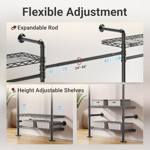 Timate F3 Garment Rack Heavy Duty Clothes Rack for Hanging Clothes, Expandable Industrial Pipe Wall Mounted Clothing Racks, Adjustable Storage Wardrobe Closet Kit Walk in Closet Systems, Black — view 6