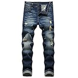MXCVYCC Men's Ripped Slim Fit Jeans Dark Blue Distressed Jeans for Men Straight Leg Designer Fashion Pants(34, Dark Blue-Regular fit Jeans)