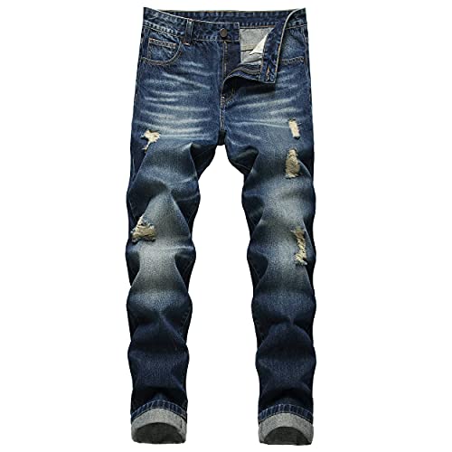 MXCVYCC Men's Ripped Slim Fit Jeans Dark Blue Distressed Jeans for Men Straight Leg Designer Fashion Pants(34, Dark Blue-Regular fit Jeans)