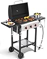 GRILL DEPOTS Propane Gas Grill with Folding Side Tables, 3-Burner Gas Grill with Cast Iron Grates and Stainless Steel Griddle Pan, Outdoor BBQ Grill Portable with Wheels 30000 BTU Output