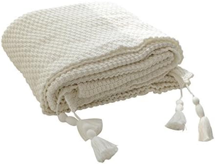 MYLUNE HOME Knitted Blanket Throw, 100% Cotton Tassel Throw for Sofa Couch Beach Chair Bed (130 x 160 cm, Cream)