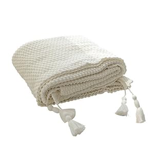 Tagesdecke mit Fransen, Kuscheldecke Boho Decke, Wohndecke 100 % Baumwolle Grob Gestrickte, Strickdecke Sofadecke mit Quasten, 130×160 cm, Weiß mit Edlem und Schlichten Strickmuster MYLUNE HOME