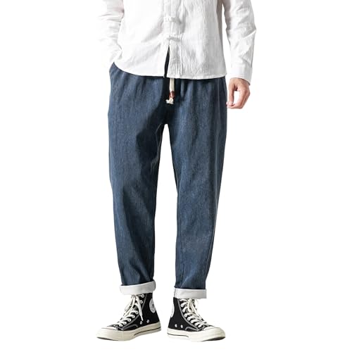 PRIJOUHE Mens Elastic Waist Drawstring Jeans Casual Stretchy Regular Fit Tapered Leg Distressed Jeans Pants3