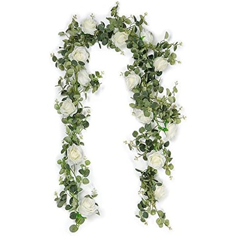 SOMYTING Artificial Eucalyptus Garland Rose Vine with Champagne Roses Green Garland Eucalyptus Leaves Rose Vine Garland Artificial Flowers Plants for Wedding Party Home Garden Decoration Pack of 2 Cover