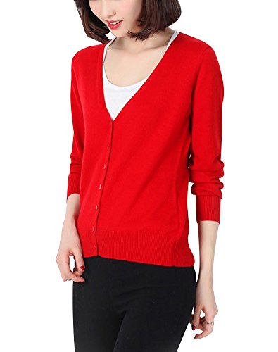 Minetom Femme Casual Cardigan Gilet Basic Col V Manches Longues en Cachemire en Tricot Laine Mélangé Fine Boutonné Différentes Couleurs Rouge FR 38