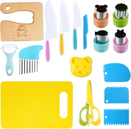 VENTI9 Set Coltelli da Cucina per Bambini, 17 Pezzi, Kit Utensili Montessori con Taglieri e Accessori, Multicolore