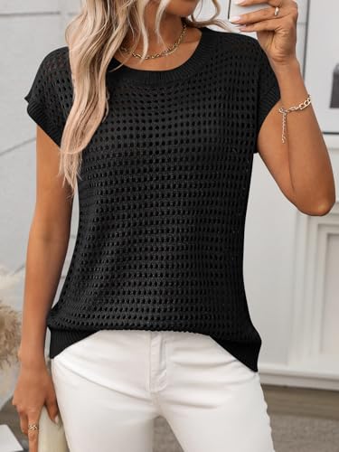 Image of Womens Crochet Tops Cap Sleeve Summer Sweater Crew Neck Beach Cover Ups Lightweight Knit Pullover