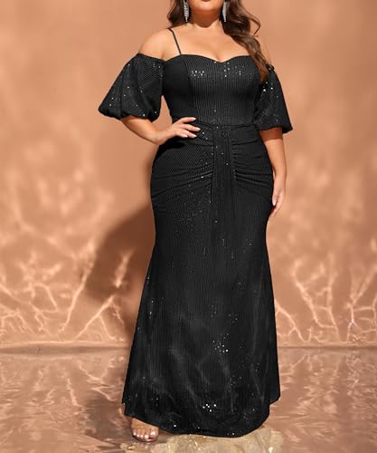Image of Women's Plus Size Off The Shoulder Puff Sleeve Dress Sequin Formal Maxi Evening Cocktail Party Gowns