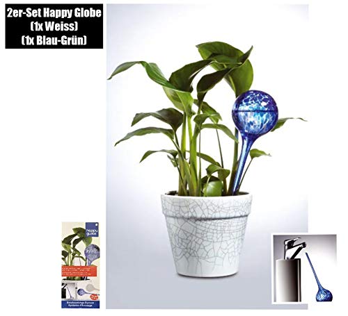 Feelino - Juego de 2 bolas de riego de cristal de 9 cm (1 blanco, 1 azul y verde)  2 semanas de riego dosificado en vacaciones  bolas de cristal soplado artesanalmente