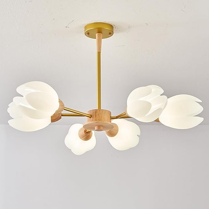 Plafonnier vintage Sputnik à 6 lumières en bois de tulipe blanc laiteux pour salon