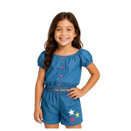 Conjunto Infantil Jeans, Top Cropped com Botões e Short com Estrelas, Roupa de Verão para Menina Aniversário Festa (Azul Claro, 8)