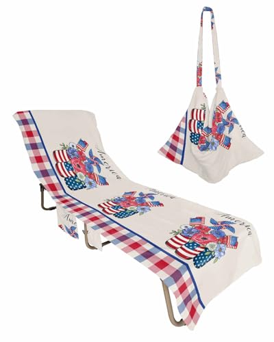 4th of July Beach Lounge Chair Towel Cover, Soft Chaise Lounge Towel with Side Pockets Patio Pool Chairs Cover for Beach/Pool Sunbathing 29x85 Independence Day Floral Red Blue Plaid