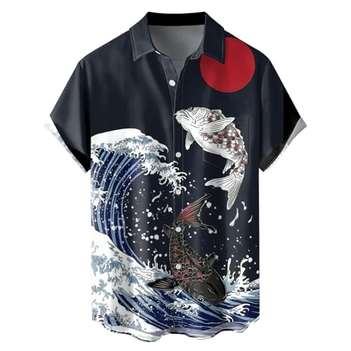 [Stabbon] 浮世絵 アロハシャツ メンズ 和柄 新登場！！アロハシャツ 半袖シャツ 綿 ビーチシャツ 通気 快適 メンズ おしゃれ 花柄 和柄 祭り 花火 (L,パープル) (L,パープル21)