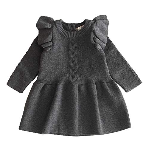 ANATA Girls Ruffle Long Sleeve Dress Knitted Sweater Skirt Kids Cotton Pleated Dress for Baby Girls Casual Playwear Outfits Gifts for Children Solid Color Thanksgiving Winter Pullover Clothes Gray 4T
