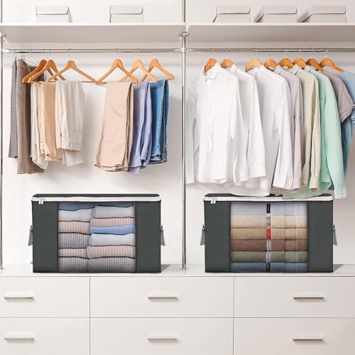 Image of Large Storage Bags, 3 Pack Clothes Storage Bins Foldable Closet Organizers Storage Containers with Durable Handles Thick Fabric for Blanket Comforter Clothing Bedding 90 L (Gray) | Foldable Storage Containers, with Reinforced Handle, for Clothing, Blanket, Comforters, Bed Sheets, Pillows and Toys,Gray