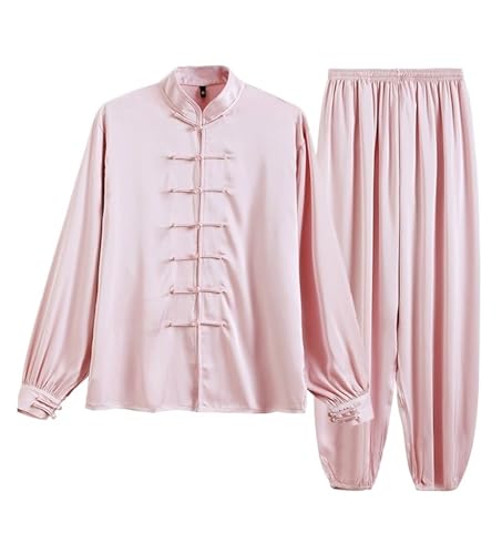 ERJGIKL Kung Fu Suit Sets Acetate Ice Silk Taiji Suit Tai Chi Uniform Six Colors Long Sleeved Wushu Exercise(Pink,S)