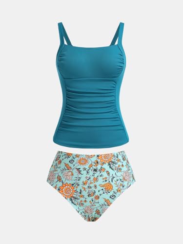Image of CUPSHE Women's Tankini Sets Two Piece Bathing Suits Tummy Control Square Neck Adjustable Straps Ruched Ribbed