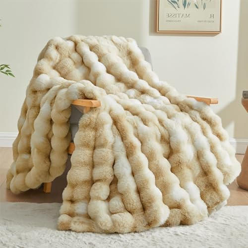 BEDELITE Faux Fur Throw Blanket for Couch, Decorative Tie-Dye Khaki Plush Bubble Blanket - Super Soft & Cozy Fluffy Faux Rabbit Fur Blanket for Women Gift, 50x60 Inches