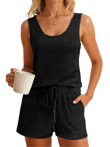 Imily Bela Womens Pajama Sets 2 Piece Sleeveless Summer Pjs Ribbed Knit Tank Top and Shorts Cute Lounge Sleepwear