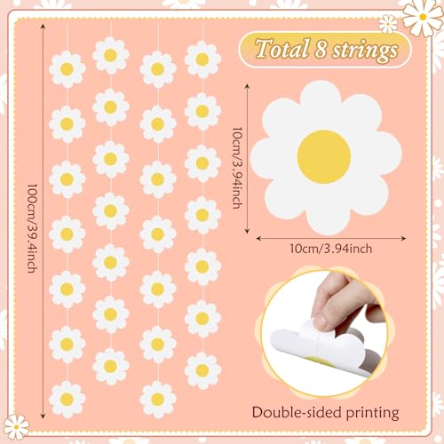 Image of Pasimy 8 Pcs Daisy Boho Party Decorations Groovy Daisy Paper Garlands White Flower Hanging Garland Banner Hippie Flower Cutouts for Birthday Shower Wedding Party Favor Supplies(Fresh,White)