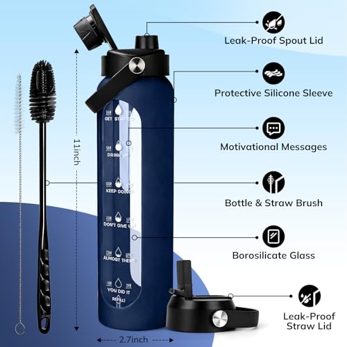 Image of Aqulea 32 oz Glass Water Bottle with 2 Lids - Spout & Straw Lids, 1L Motivational Borosilicate Glass Water Bottle with Time Marker & Silicone Sleeve, Leakproof (Blue)
