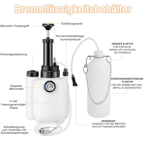KELUBATU 3-Liter-Bremsentlüfter-Einheit, Zum Austausch von Brems- und Kupplungsflüssigkeit, geeignet für die meisten Hauptbremszylinderbehälter