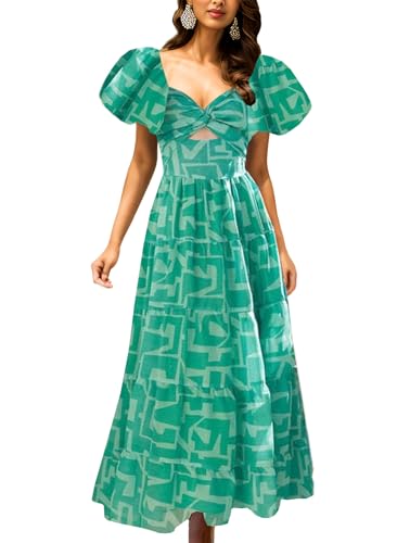 Image of GOLDSTITCH Women's 2026 Boho Floral Maxi Dress Puffy Short Sleeve Cutout V Neck Casual Long Beach Dress