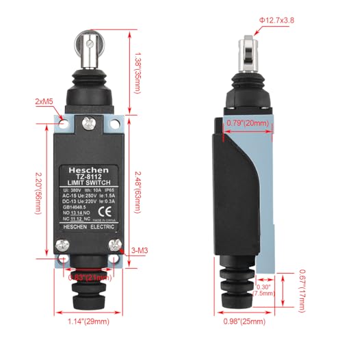 Heschen TZ-8112 Kolben mit Parallelrolle geschlossen NO + NC kurzzeitig 250 VAC 10A, Mechanisch, Roller, EIN-AUS-EIN, Black
