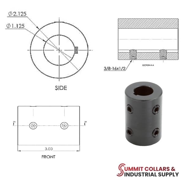 Summit Collars RC-112-KW Solid Rigid Coupling | Black Oxide Plated Mild Steel Rigid Coupling | 1-1/8