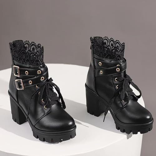 MEOTINA Goth Platform Boots Lace Buckle Gothic Cosplay Booties Chunky High Heels Ankle Boots Zipper Punk Shoes 5