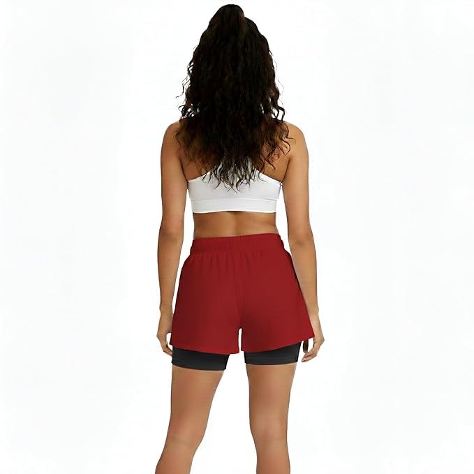 Image of Women's 2-in-1 Athletic Shorts with Inner Tights Layer, Drawstring Waist, for Running, Gym & Sports, Plus Size S to 6XL