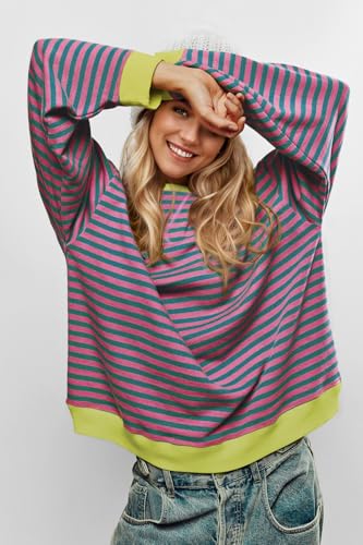 Image of UEU Women Oversized Striped Crewneck Sweatshirt Long Sleeve Color Block Pullover Tops Casual Loose Workout Shirt