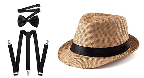 Clothera Black Suspender and Bow Tie Set with Beige Jute Hat for Kids 1yrs to 3yrs