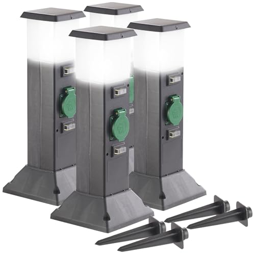 Royal Gardineer Steckdosen-Säulen: 4-fach-Garten-Steckdose mit Beleuchtung, Spritzwasserschutz IP44 (Gartenlampe mit Steckdose, Spritzwassergeschütze, Verteiler)