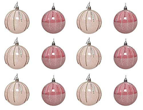 Weihnachtskugeln Kunststoff 10cm x 12 Stück bruchsicher Glitzer Streifen Muster durchsichtig rosa