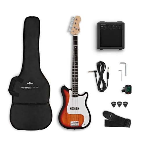 VISIONSTRING Electric Bass Guitar and Amp Kit for Adults & Beginners Full Size Bass Guitars sunburst