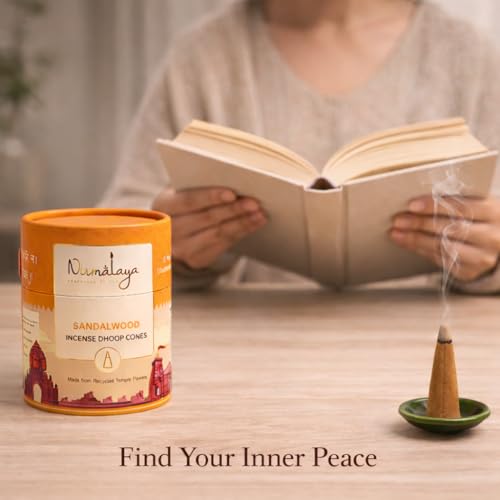 Image of Nirmalaya Premium Sandalwood (Chandan) Dhoop Cones | 60 Bambooless Incense Cones with Stand | Made from Sacred Flowers | Charcoal Free Agarbatti | 25 Min Burn Time for Pooja & Meditation