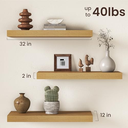 Image of 32Inch Oak Floating Shelves for Wall, 12 Inch Deep Shelves for Bedroom, Kitchen, Bathroom Wall Mounted, Rustic Wood Floating Shelf with Invisible Brackets for Books, Storage, Decor, 2 Packs
