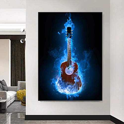 Guitare abstraite bleue sur toile pour un salon apaisant et inspirant