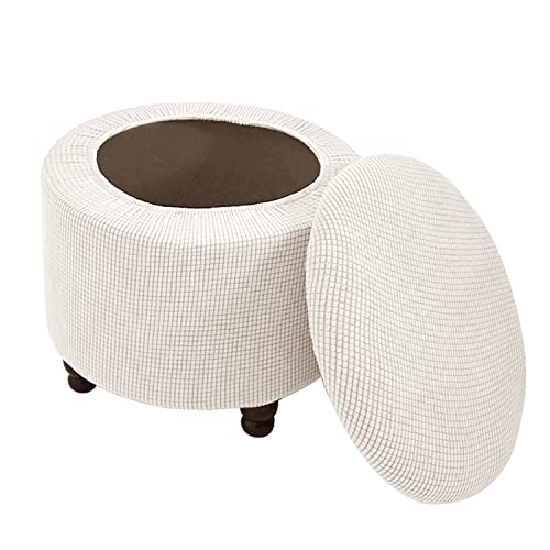Round Ottoman Cover with Storage 2-Piece Stretch Stool Slipcover Soft Footstool Protector Covers Removable Washable Storage Stool with Cover Lid Folding Stool Covers for Home Decor (New White)