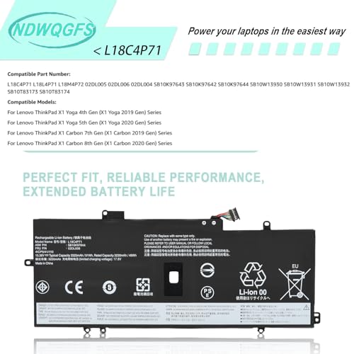Image of L18C4P71 Laptop Battery for Lenovo ThinkPad X1 Yoga 4th /5th Gen & X1 Carbon 7th /8th Gen Compatible with L18L4P71 L18M4P72 02DL005 02DL006 SB10K97642 SB10K97644