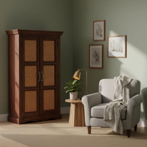 Image of APRODZ Mojo Sheesham Wood Two Door Cane Wardrobe (Sheesham Wood - Walnut)