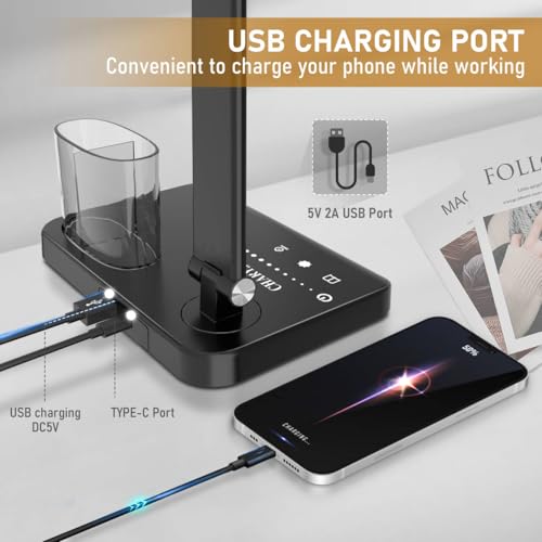 Dimmable LED Desk Lamp with USB Charging Port, 50 Lighting Modes Dual Swing Arm Architect Table Lamp Light Desk Lamp for Home Office Dorm Piano Nail - image 2