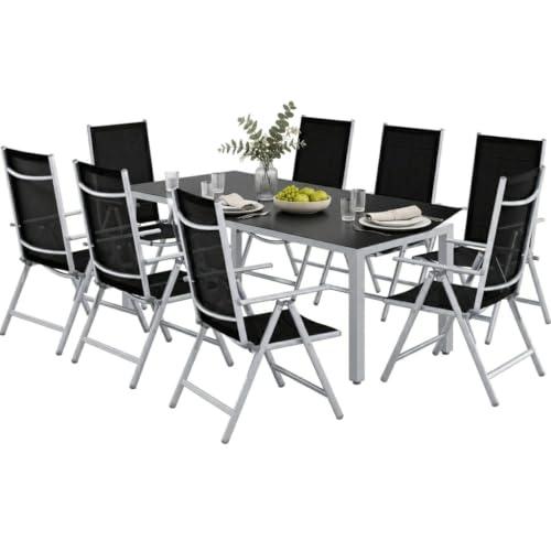 Image of CASARIA® Bern 8+1 Garden Dining Furniture Set | 8x 8 Way Adjustable High Back Folding Chairs | Table 190x90cm Aluminium 5mm Black Safety Glass | Weatherproof Patio Balcony Deck Seating | Silver