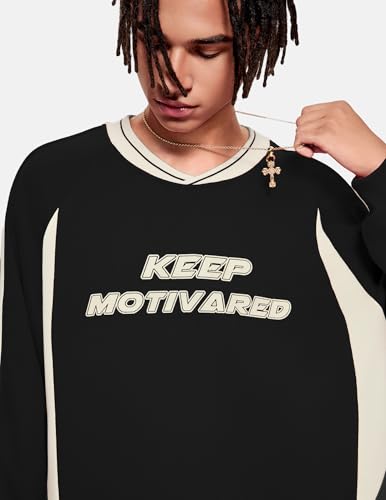 Vamtac Letter Graphic Crewneck Sweatshirts for Men Vintage Color Blocking Long Sleeve Casual Pullover Top