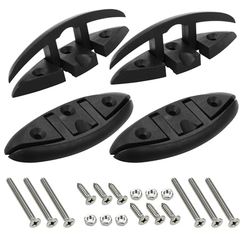 A.I.FORCE 4-Pack 5″ Marine Grade Folding Boat Cleats – Flip-Up Dock Mooring Rope Cleat Set with Long & Short Screws, 2-Hole Design for Boat, Kayak, Motorboat, Deck, Black