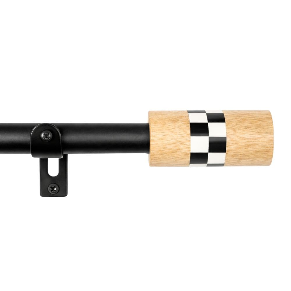 The Decor Mart 28"-48" Adjustable Curtain Rod for Door & Windows with Brackets Set Curtains Hanging Extendable Iron Metal Pipe Holder with Chess Wood Finial (Black, 0.75" Diameter)