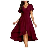 Vestido de Gasa para Mujer Cuello en V Plisado con Mangas Volantes Cintura Alta Corto Midi hasta la Rodilla Elegante para Fiesta Cóctel Boda Eventos Sociales Uso Diario (XL)
