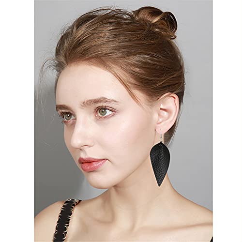 Chunyanan Boho Elegant Lightweight Black Genuine Real Leather Geometric Dangle Drop Earrings For Women Girls Petal Leaf Feather Teardrop Earrings Jewelry Gift (Black Genuine Real Leather) #TOP3