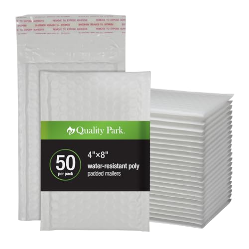Image of Quality Park Bubble Mailers, 4 x 8 Shipping Envelopes, Self-Seal, Durable White Padded Envelopes, Redi-Strip Peel Off Closure, 50 Per Box (QUA85929)